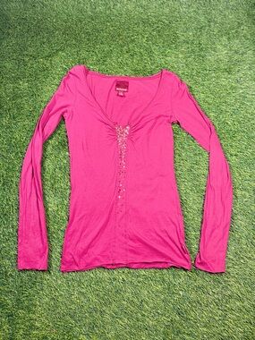 Hollister Pink Long Sleeve Top Size Medium Y2K Sequin Detail Fitted Tee